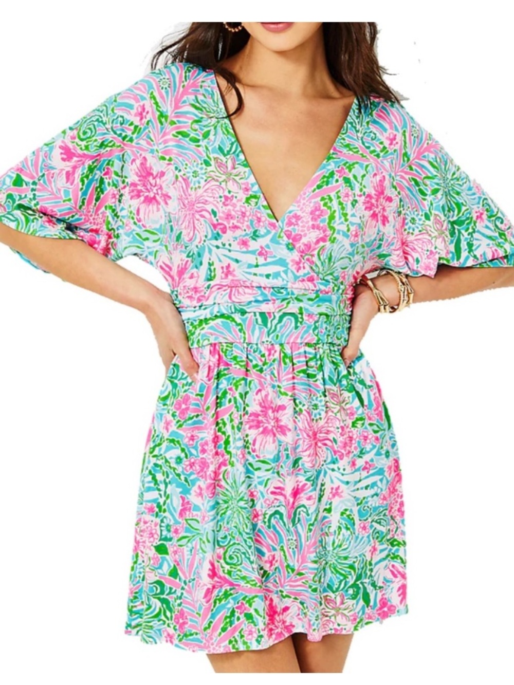 Lily Pulitzer Parigi Floral V-Neck Skort Romper in Pink & Green “Leaf in Wild” M